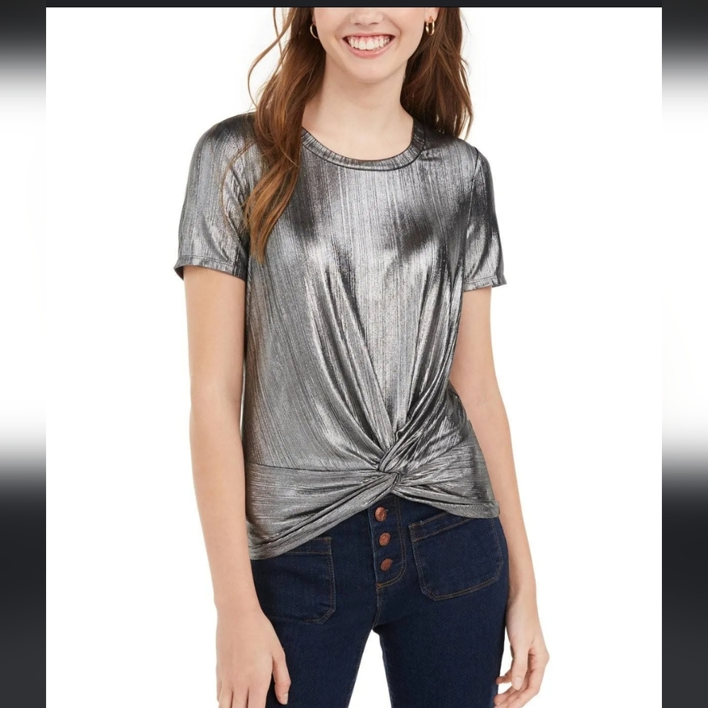 Love, Fire Juniors' Tops Metallic Twist-Front Top